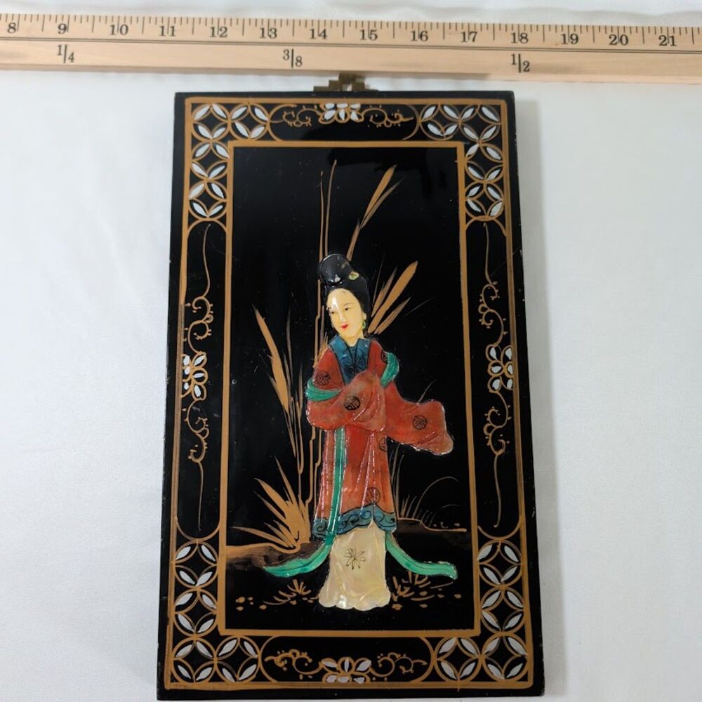 Vintage Asian Lacquer Geisha Wall Plaque Raised Relief Black Gold Hanging Decor